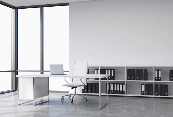 A workplace in a modern corner panoramic office with copy space in the windows. A white desk with a laptop, white leather chair and a bookshelf with black document folders. 3D rendering. — Zdjęcie stockowe