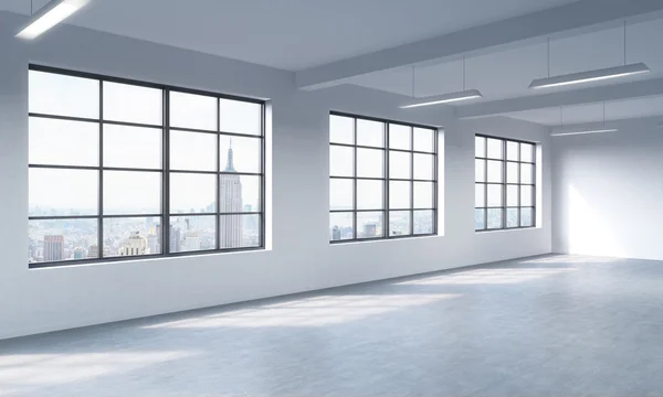 Modern bright clean interior of a loft style open space. Huge windows and white walls. New York panoramic city view. 3D rendering. — 图库照片