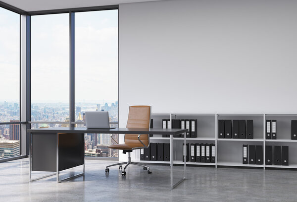 A CEO workplace in a modern corner panoramic office with New York city view. A black desk with a laptop, brown leather chair and a bookshelf with black document folders. 3D rendering. — Zdjęcie stockowe