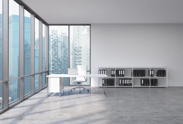 A CEO workplace in a modern corner panoramic office with Singapore city view. A white desk with a laptop, white leather chair and a bookshelf with black document folders. 3D rendering. — Stockfoto