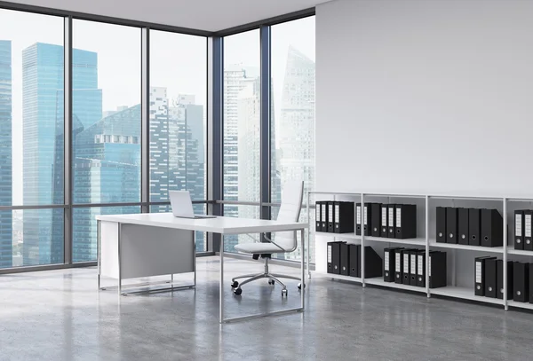A CEO workplace in a modern corner panoramic office with Singapore city view. A white desk with a laptop, white leather chair and a bookshelf with black document folders. 3D rendering. — Stockfoto