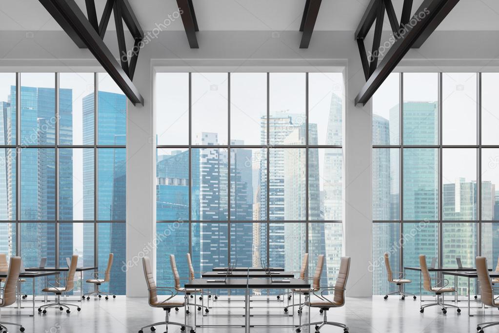 Modern workplaces in a modern bright clean interior of a loft style office. Huge windows with Singapore panoramic view. Black desks equipped with laptops, brown leather chairs. 3D rendering.