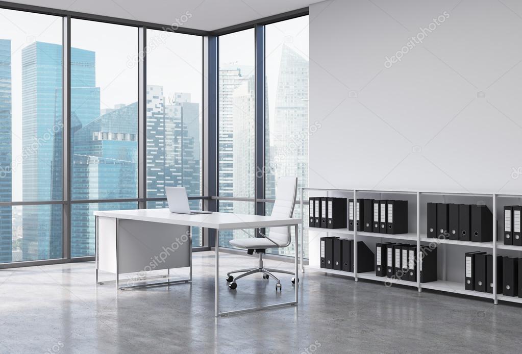 A CEO workplace in a modern corner panoramic office with Singapore city view. A white desk with a laptop, white leather chair and a bookshelf with black document folders. 3D rendering.