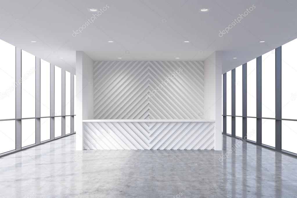 A reception area in a modern bright clean office interior. Huge panoramic windows with copy space. A concept of boutique consulting services. 3D rendering.