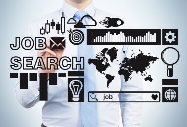 Young professional is looking for a job. A person is drawing some recruitment icons on the glass screen. Business icons on the glass screen.