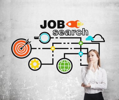 A beautiful lady in formal clothes is thinking about a new job. Concrete wall with drawn colourful icons about job search process on the background.