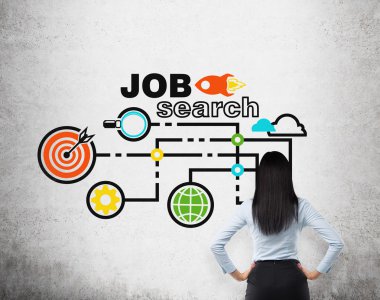 Rear view of a brunette lady in formal clothes who is thinking about a new job. Concrete wall with drawn colourful icons about job search process on the background.