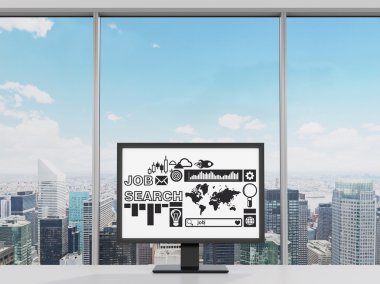 A workplace in the modern panoramic office in New York city. There is a job search process on the display.