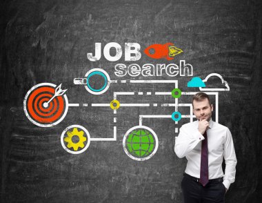 A handsome young professional is thinking about a new job. A black chalkboard with drawn colourful icons about job search process on the background.