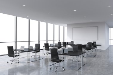 Corporate workplaces equipped by modern laptops in a modern panoramic office, white copy space in the windows. Black leather chairs and a black tables, a huge whiteboard on the wall. 3D rendering. clipart