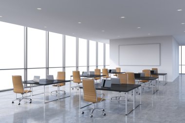 Corporate workplaces equipped by modern laptops in a modern panoramic office, white copy space in the windows. Brown leather chairs and a black tables, a huge whiteboard on the wall. 3D rendering.