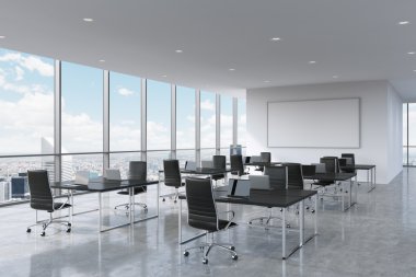 Corporate workplaces equipped by modern laptops in a modern panoramic office in New York City. Black leather chairs and a black tables, a huge whiteboard on the wall. 3D rendering.