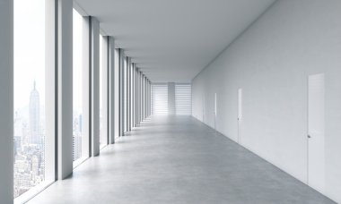 Empty modern bright clean interior of an open space office. Huge panoramic windows with New York view. A concept of luxury space for legal or wealth management office. 3D rendering.