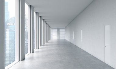 Empty modern bright clean interior of an open space office. Huge panoramic windows with Singapore view. A concept of luxury space for legal or wealth management office. 3D rendering.