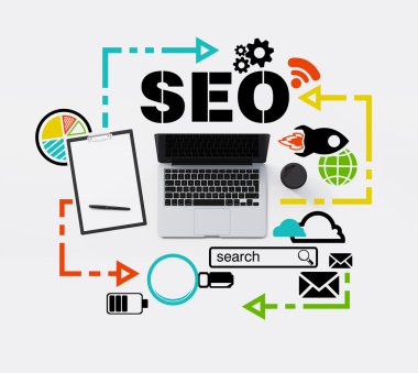 A top view of a table with a laptop, a writing pad and a cup of coffee. A colourful SEO flowchart is drawn on the white table. 3D rendering.