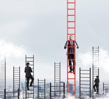 A concept of competition, and problem solving. Several businessmen are racing to achieve the highest point using ladders. New York city view. clipart