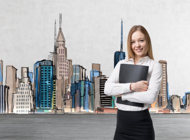 Young beautiful business lady is holding a black document case. A concept of legal services. New York stretch on the background.