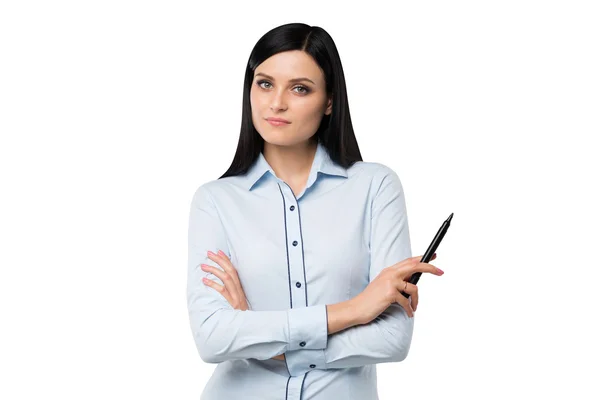 Front view of a woman with crossed hands and a felt marker. Isolated on white background. — Stockfoto