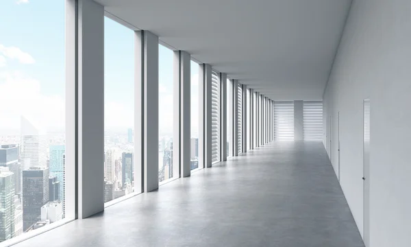 Empty modern bright clean interior of an open space office. Huge panoramic windows with New York view. A concept of luxury space for legal or wealth management office. 3D rendering. — Φωτογραφία Αρχείου