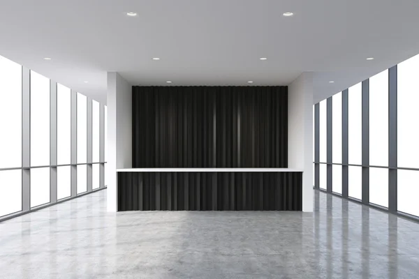 Una zona de recepción en un moderno interior de oficina limpia y luminosa. Grandes ventanas panorámicas con espacio para copias en blanco. Un concepto de servicios de asesoramiento boutique. Renderizado 3D . — Foto de Stock