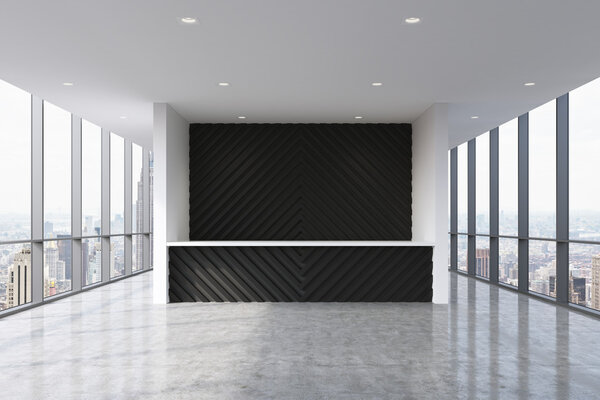 A reception area in a modern bright clean office interior. Huge panoramic windows with New York view. A concept of boutique consulting services. 3D rendering.