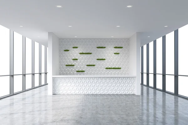 Una zona reception in un moderno luminoso interno ufficio pulito. Enormi finestre panoramiche con spazio per la copia bianca. Un concetto di servizi di consulenza boutique. Rendering 3D . — Foto Stock
