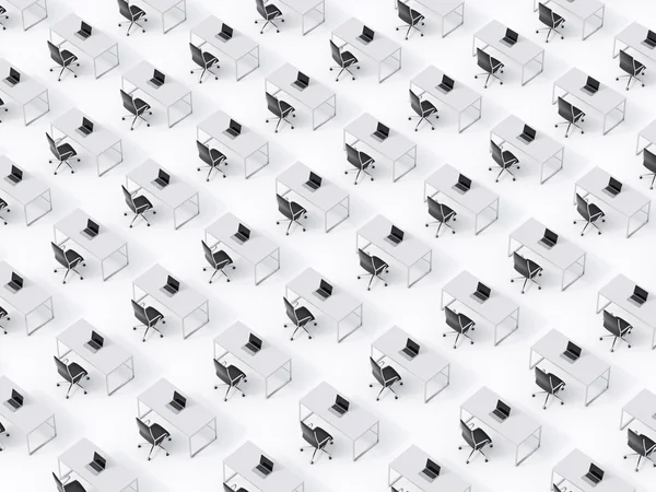 A top view of the symmetric corporate workplaces on white floor. A concept of corporate life in a huge transnational company. Black leather chairs, white tables and modern laptops. 3D rendering. — Stockfoto