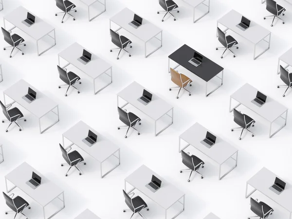 A top view of the symmetric corporate workplaces on white floor. A concept of corporate life. Black leather chairs, white tables and modern laptops. A one workplace is different. 3D rendering. — Stock fotografie