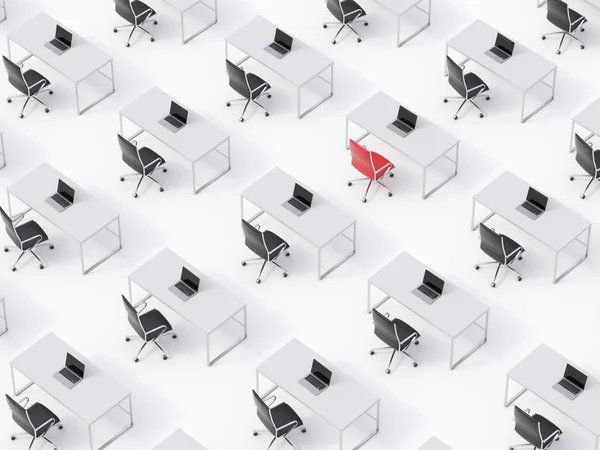 A top view of the symmetric corporate workplaces on white floor. A concept of corporate life. Black leather chairs, white tables and modern laptops. A one chair is a red. 3D rendering. — Stock fotografie