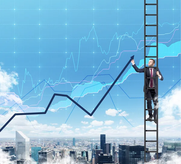 A businessman in a ladder is drawing a line chart as a summation of the finance tendencies. A finance charts are over New York city in the air. — Stok fotoğraf