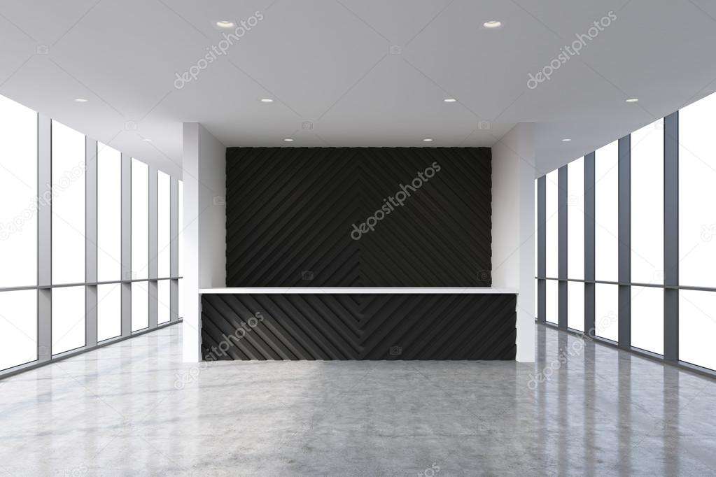 A reception area in a modern bright clean office interior. Huge panoramic windows with white copy space. A concept of boutique consulting services. 3D rendering.