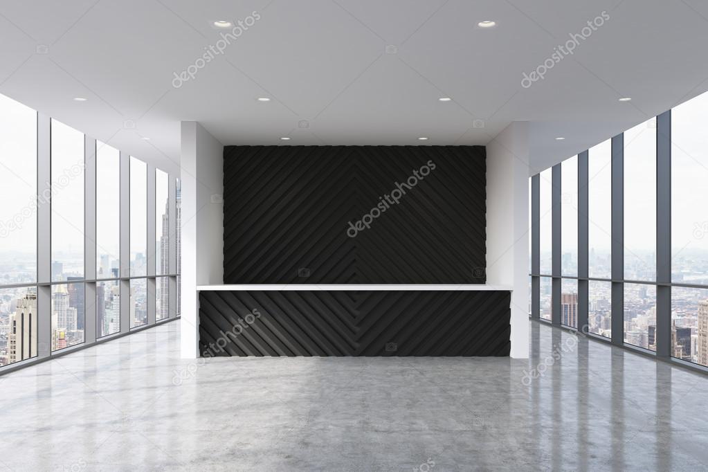 A reception area in a modern bright clean office interior. Huge panoramic windows with New York view. A concept of boutique consulting services. 3D rendering.