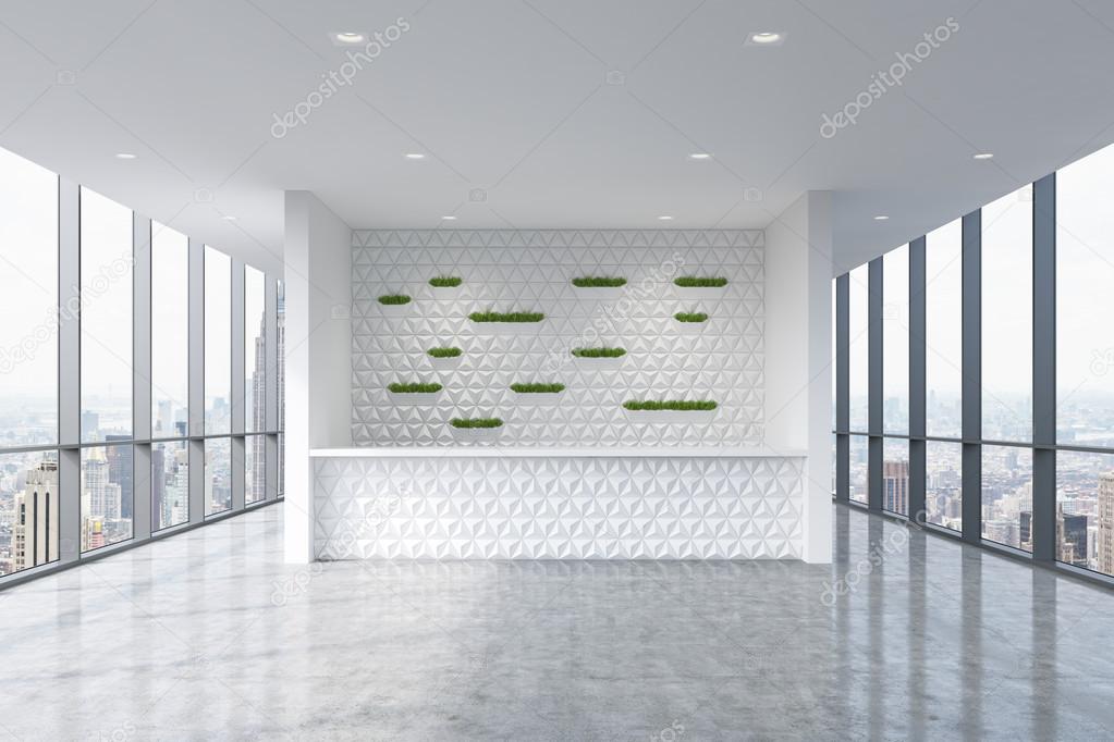A reception area in a modern bright clean office interior. Huge panoramic windows with New York view. A concept of boutique consulting services. 3D rendering.