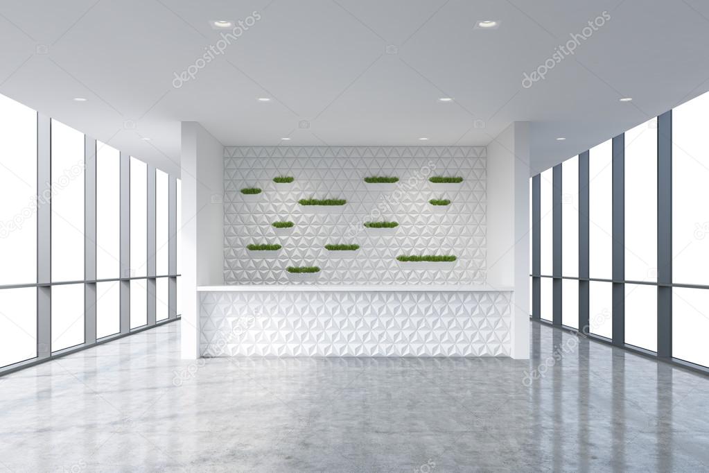 A reception area in a modern bright clean office interior. Huge panoramic windows with white copy space. A concept of boutique consulting services. 3D rendering.