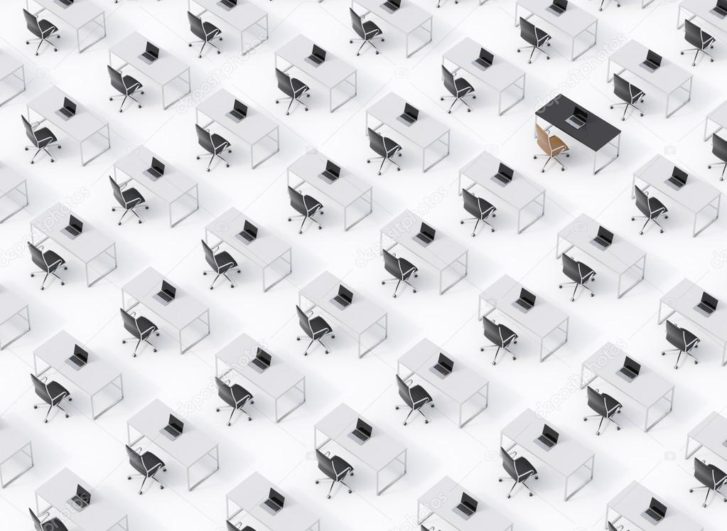 A top view of the symmetric corporate workplaces on white floor. A concept of corporate life. Black leather chairs, white tables and modern laptops. One work place is different. 3D rendering.