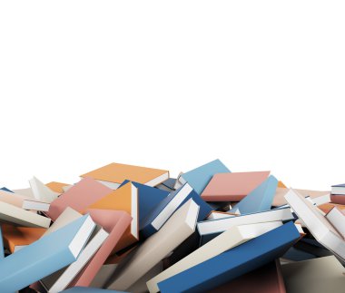 A heap of different books with colorful covers which are laying on the floor. Isolated On White.