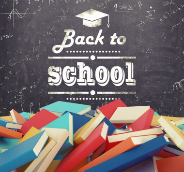 A heap of different books with colourful covers which are laying on the floor. The phrase - ' back to school ' is written down the black chalk board. Toned image.