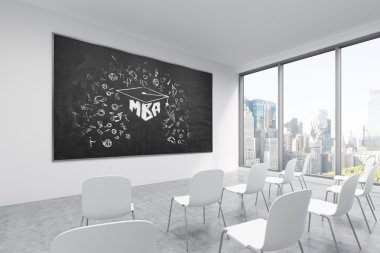 A classroom or presentation room in a modern university or fancy office. White chairs, a black chalkboard on the wall with MBA sketch and panoramic New York view. 3D rendering.