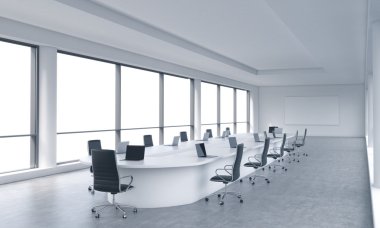 A bright modern panoramic meeting room in a modern office with white copy space in windows. The concept of the meeting of the Board of Director of the huge transnational corporation. 3D rendering.