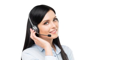 A portrait of smiling cheerful support phone operator in headset. Isolated on white background. clipart