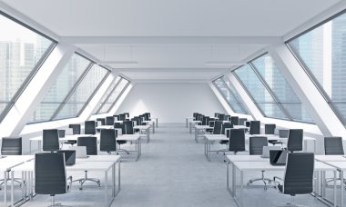 Workplaces in a bright modern open space loft office. White tables equipped by modern laptops and black chairs. Singapore panoramic view in the windows. 3D rendering.