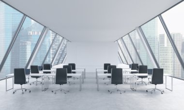 Workplaces in a bright modern open space loft office. White tables and black chairs. Singapore panoramic view in the windows. 3D rendering.