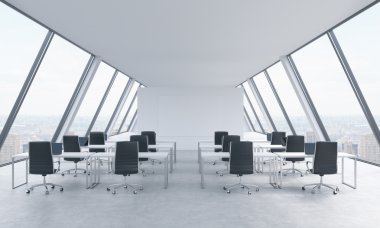 Workplaces in a bright modern open space loft office. White tables and black chairs. New York panoramic view in the windows. 3D rendering.