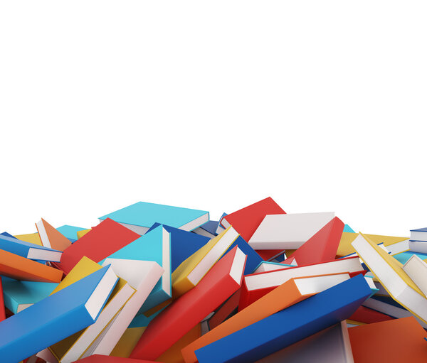 A heap of different books with colorful covers which are laying on the floor. Isolated On White.