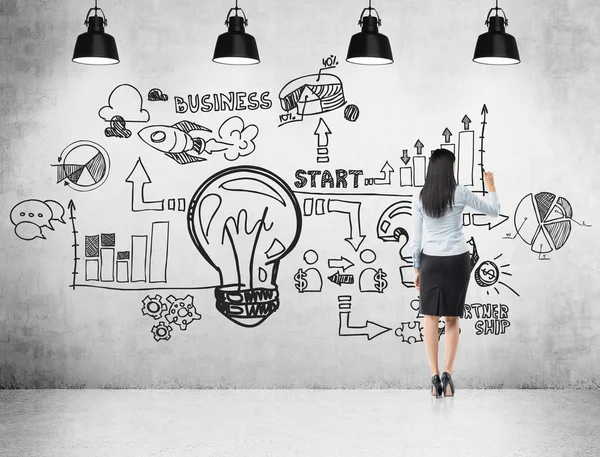 Full length rear view of woman in formal clothes who is drawing a business flowchart on the concrete wall. The concept of business ideas development. Four black ceiling lights. — Φωτογραφία Αρχείου