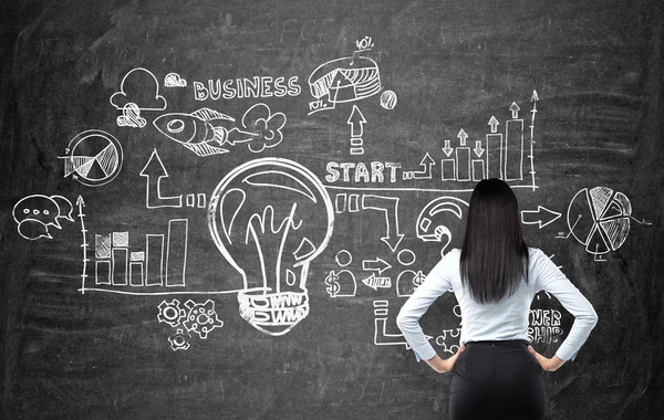 Full length rear view of brunette woman in formal clothes who is looking at the business flowchart on the black chalk board. The concept of business ideas development. — 图库照片