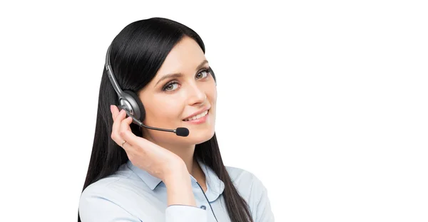 A portrait of smiling cheerful support phone operator in headset. Isolated on white background. — Stockfoto