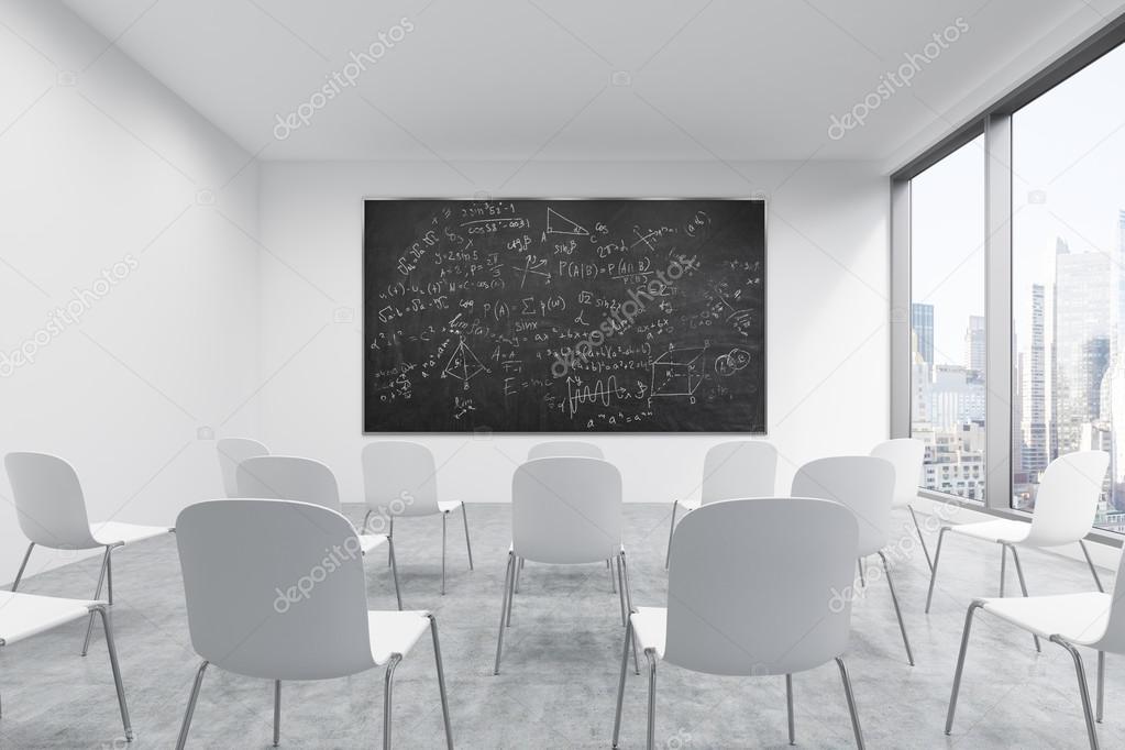 A classroom or presentation room in a modern university or fancy office. White chairs, a black chalkboard with math formulas on the wall and panoramic New York view. 3D rendering.
