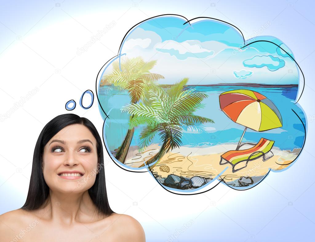 A portrait of astonishing brunette woman who dreams about summer vacation on the beach. A nice summer place is drawn in the thought bubble. Light blue background.