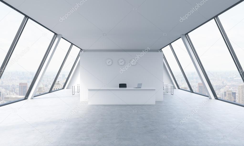 Reception area with clocks and workplaces in a bright modern open space loft office. White tables. New York panoramic view in the windows. The concept of luxury consulting services. 3D rendering.